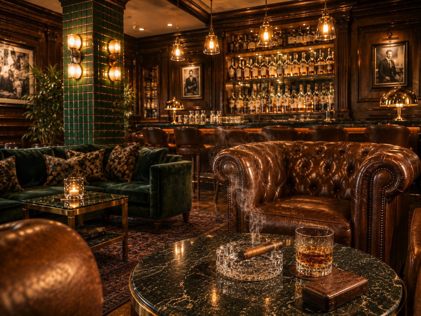 Kigali Lounge interior — Chesterfield leather sofa, green-tiled column, green marble table, brass pendant lighting, with a single cigar and whisky