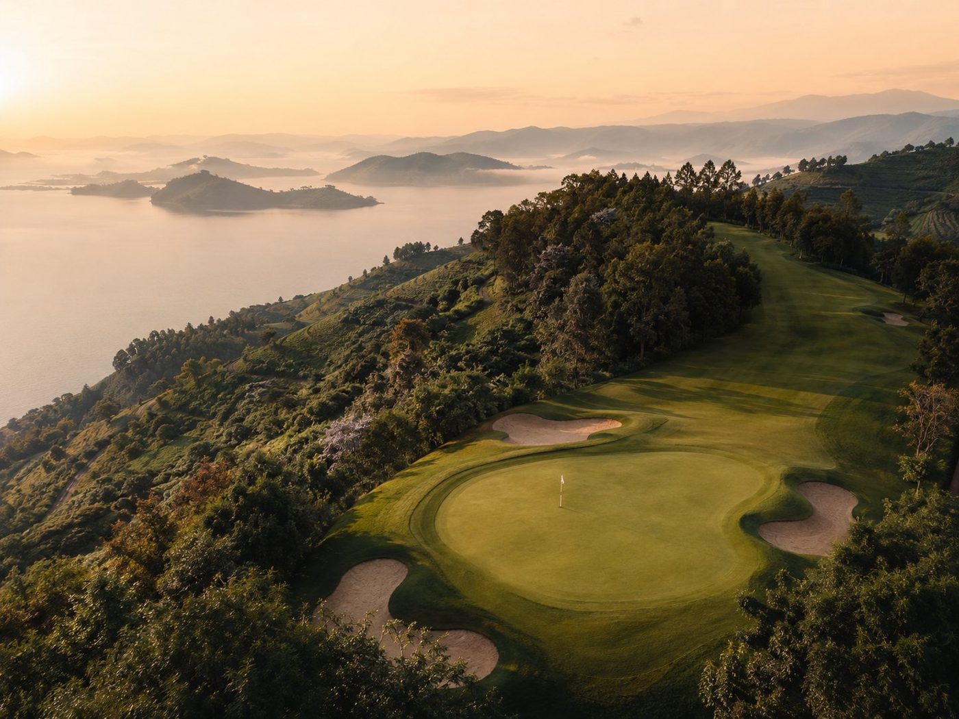 Aerial view of a hillside green at Kivu Golf Club overlooking Lake Kivu at sunrise