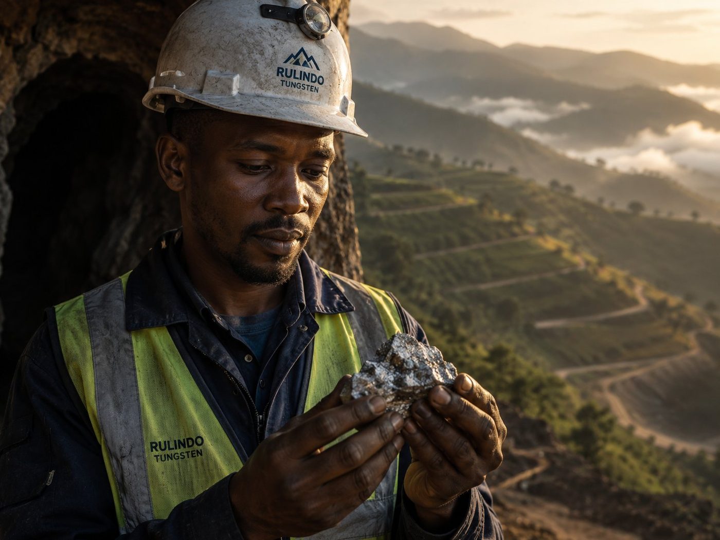 A Rulindo Tungsten miner examining a piece of raw tungsten ore at sunrise, with terraced Rwandan hills behind
